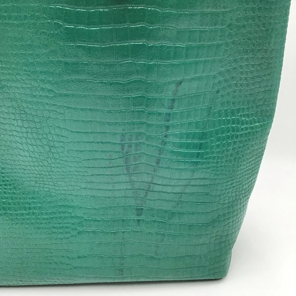 Handmade Tote Bag croc embossed green tan leather large handbag New